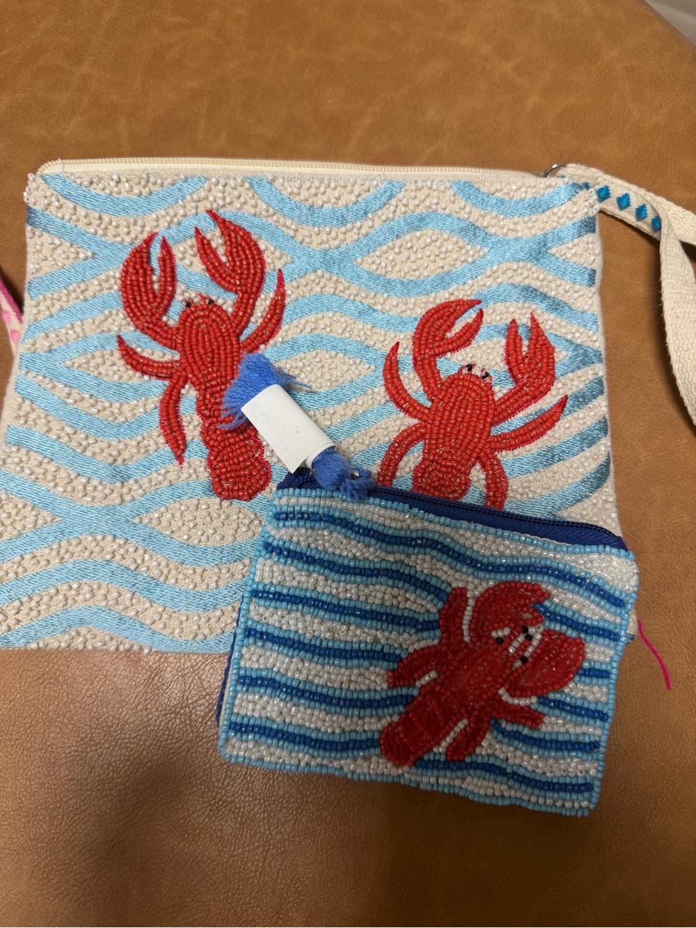 Beaded mini wrist bag and mini wallet